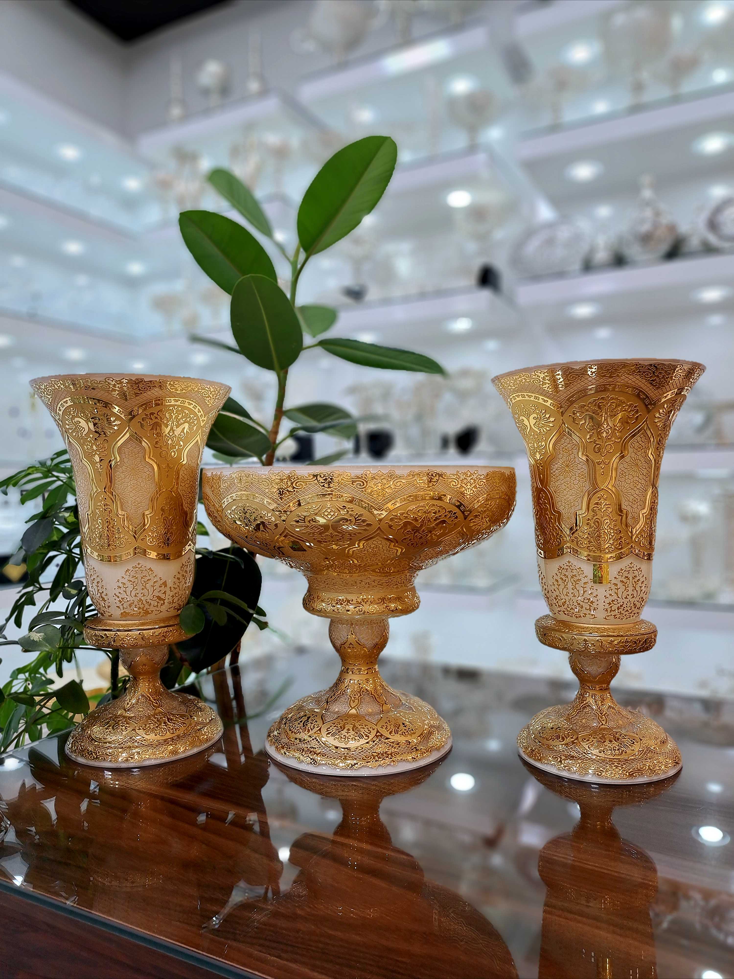 ست سه تیکه گلدان و میوه خوری کریستال